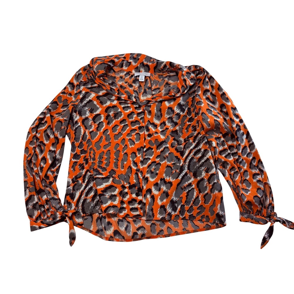 Topshop Petite Orange Leopard Print Button‎ Up Blouse Tie Cuff Size US 4